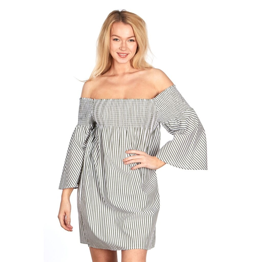 Go Coco Stripe Bell Sleeve Off-Shoulder Dress